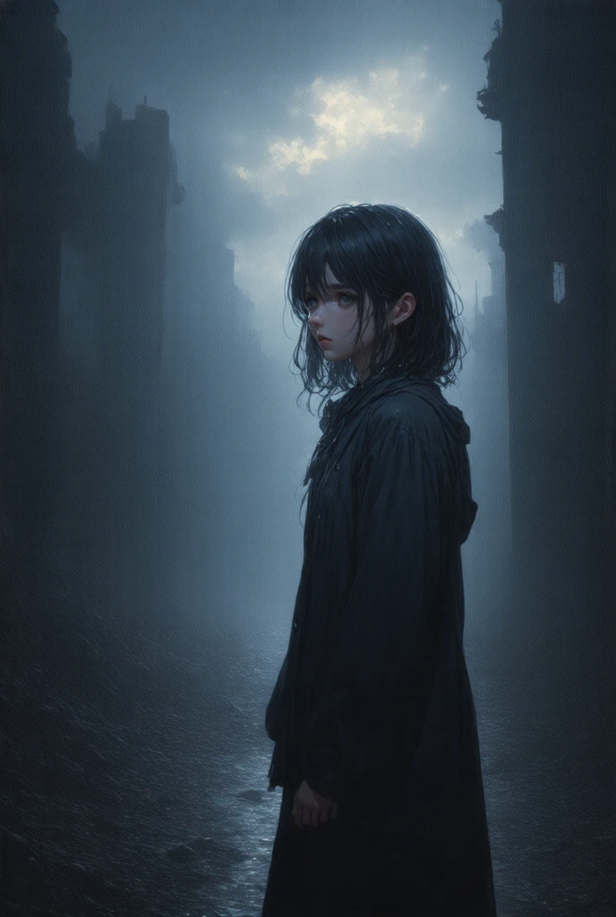 modern anime style, A girl with a despairing expression gazing up at the sky while standing in ruins during rainfall