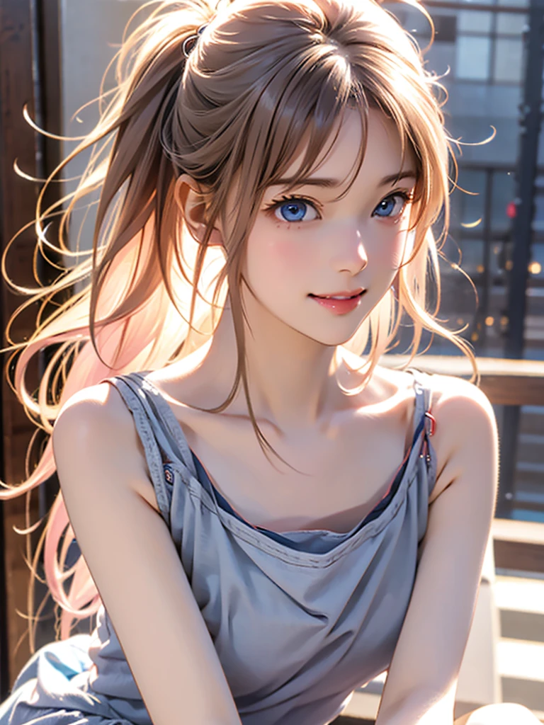 Light pink hair、Light pink hair、 Braided Hair、 Hi-Res、8k、Best Quality、 Details、Semi-realistic anime、3D anime style、 smooth animated CG、 one girl playing pranks、slim、Modeling、 Detailsな顔、Beautiful and  Details、 growing skin 、 Hard Focus 、 Film Grain 、 soft lighting 、 I'm looking at this、smile、 PORTRAIT、Realistic、 Elegant Women 、 blue eyes、 camisole、bedroom、Beautiful breasts