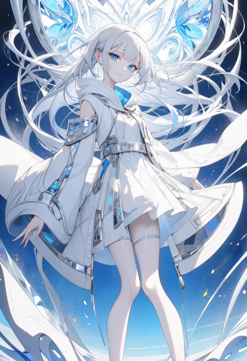 standing under a sky full of stars, nightcore, infinite astronomical library, best animation, 4k, girls, silver hair, long hair, light blue eyes , flat chest , slim figure , about cosmic clouds , galactic background , cover art , (saturation), anime cover , astral witch's clothing , perfect anatomy