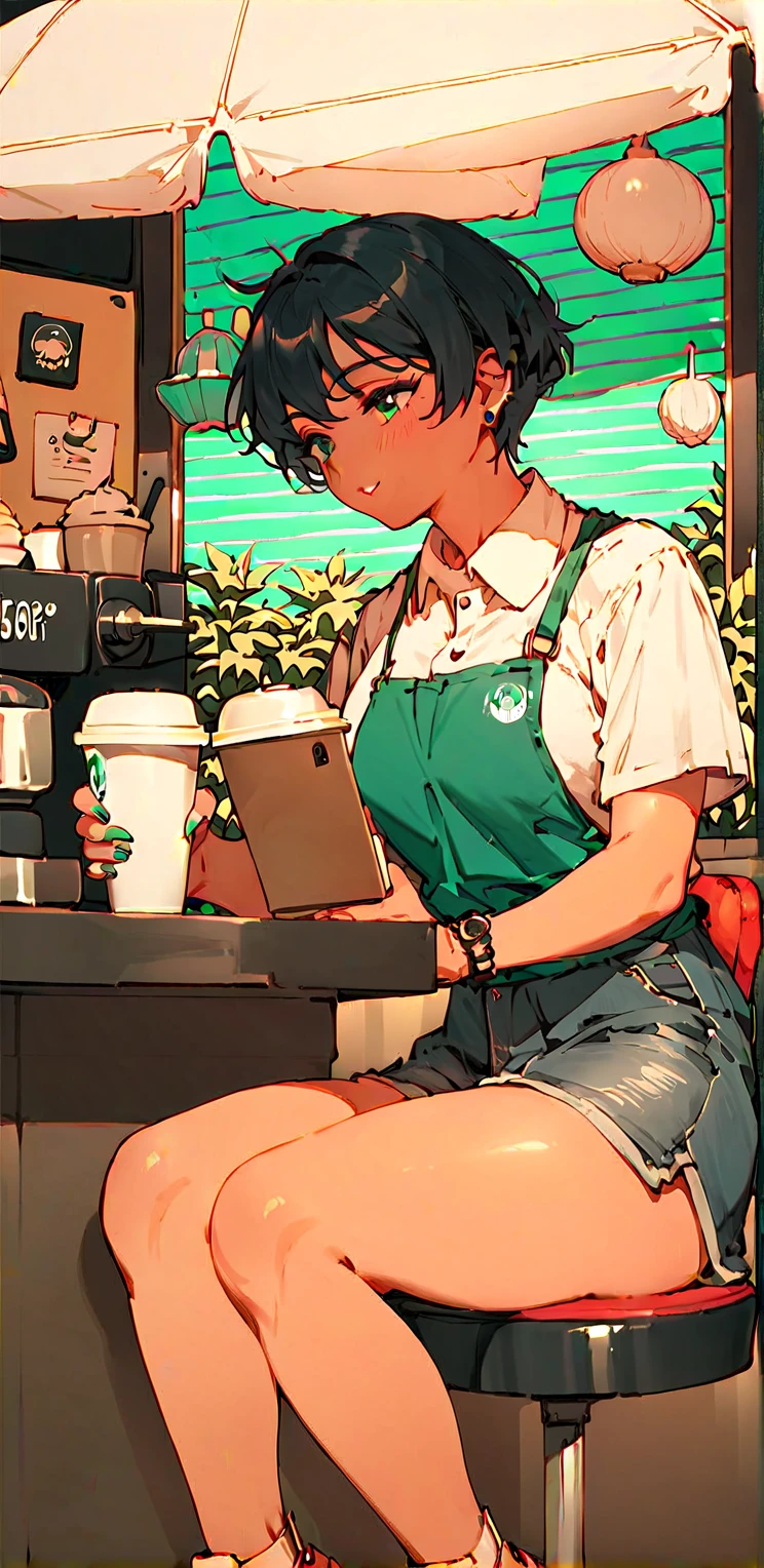 A girl sitting in a coffee shop, ((((  short hair is black ))) , king, attending. 