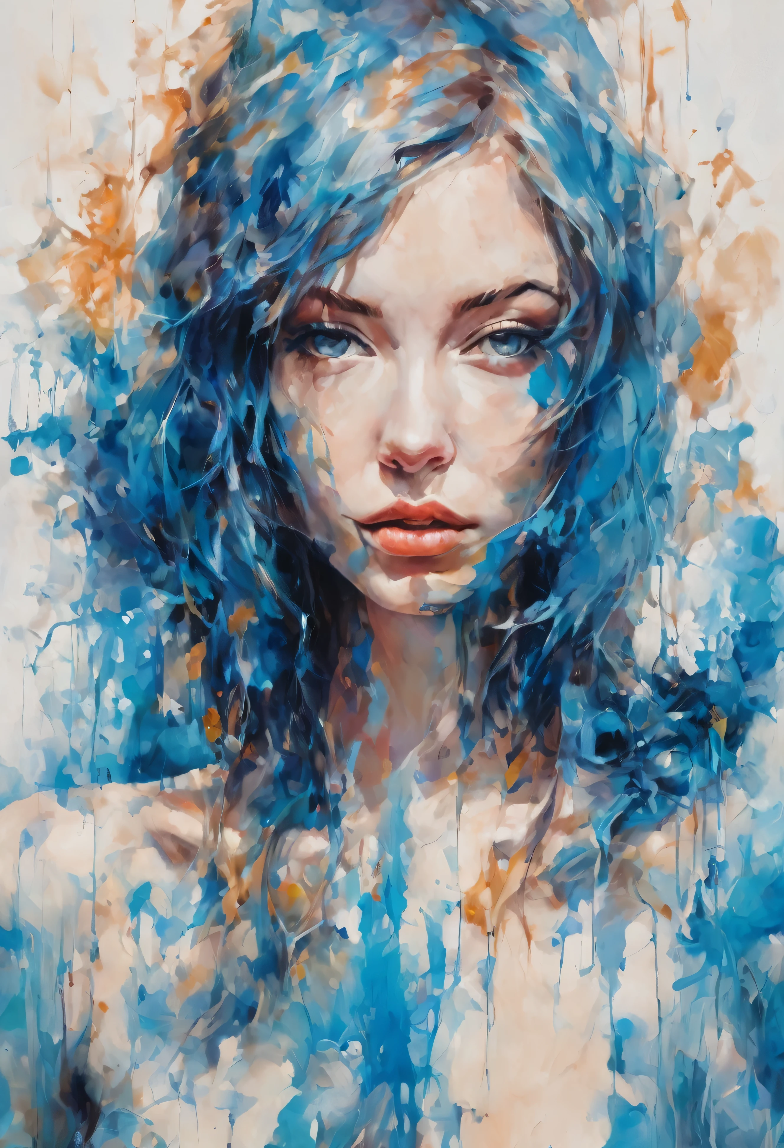 masterpiece, best quality, ultra high res, 1girl, portrait, (abstract art:1.4), (brush strokes), (colorful:1.1), bleeding blue, blue theme, visually stunning, beautiful, evocative, emotional, side view, perfect lighting, perfect shading, volumetric lighting, subsurface scattering, detailed, intricate, perfect body, stunning, gorgeous, beautiful, (beautiful face), (photorealistic:1.4),