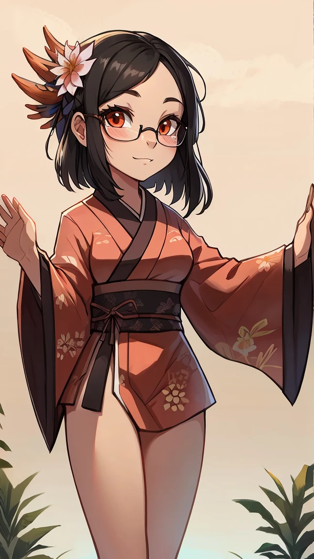 NSFW、1 woman、brown hair(short)、brown eyes、black round glasses、 best quality、Super detailed、8K resolution、Raw photo、muste piece、seductive 、gorgeous face、perfect body、kimono、smile