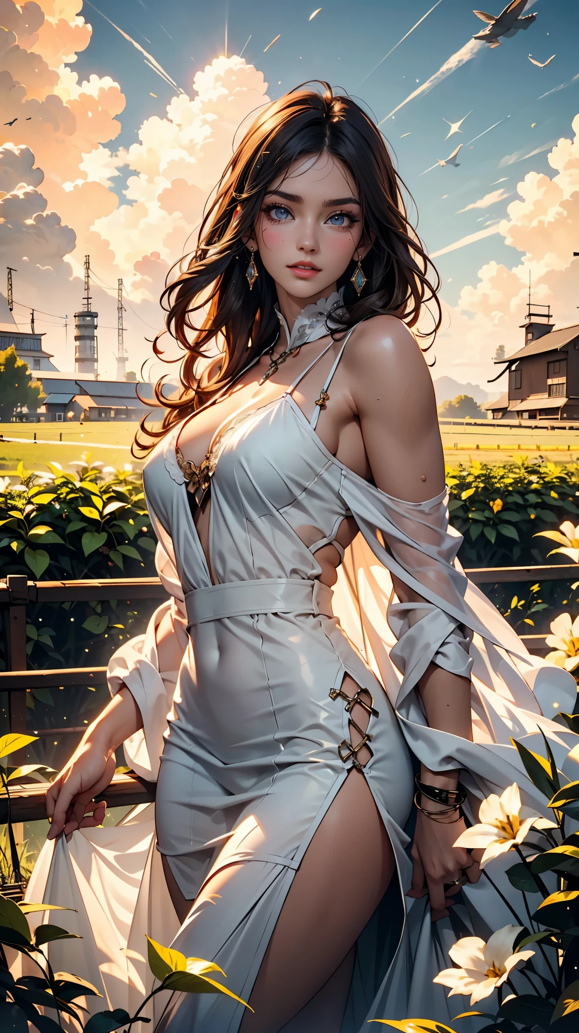 the best thing,Yuna,Final Fantasy 10,FF10,medium hair,brown hair,let down the bangs,Beautiful green and blue odd eyes,,beautiful and high nose,white ruffle dress,realistic,Super high quality,high quality,masterpiece,digital single lens reflex,Detailed details,exquisite details,based on anatomical basis,depicted in detail,detailed face,realistic skin texture,vivid details,perfect anatomy,perfect anatomy,anatomically correct hand,anatomically correct fingers,Super detailed,Complex 3D rendering,Huge ,sexy pose,美しいFinal Fantasy 10の世界観,beautiful sunset,fantastic sunset,beautiful blue tulip field,beauty like a painting,Take a full body photo,nine heads and bodies,pink lip,emphasize the beautiful whole body,dull smile,