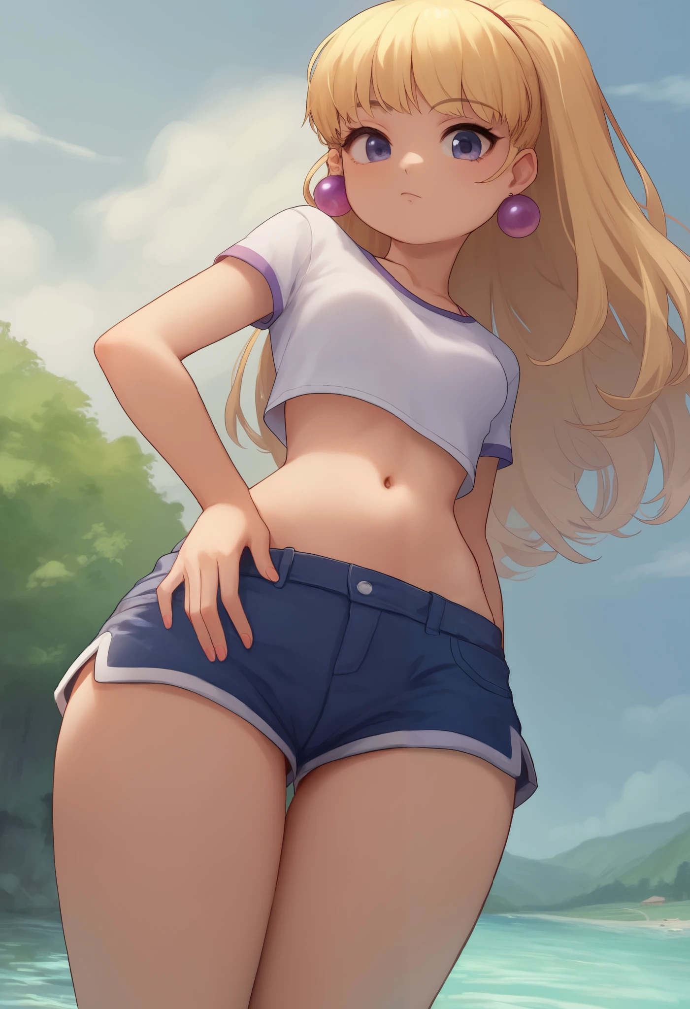 account_9, account_8_ex, account_7_ex, account_6_ex, account_5_ex, account_4_ex,pacifica, 1girl, solo, long blonde hair with bangs, hand on hip, dark blue eyes, purple shadows,round lavender earrings,looking at the viewer, small saggy breasts. huge hips. shirt. shorts. river. swimsuit. bottom view. face dawn ass up