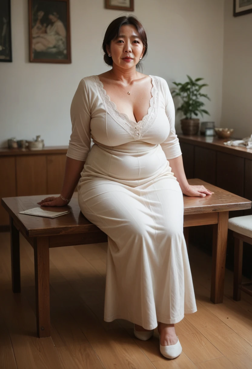 Korean Milf,clear face,plump body,full body view,sitting on a table 