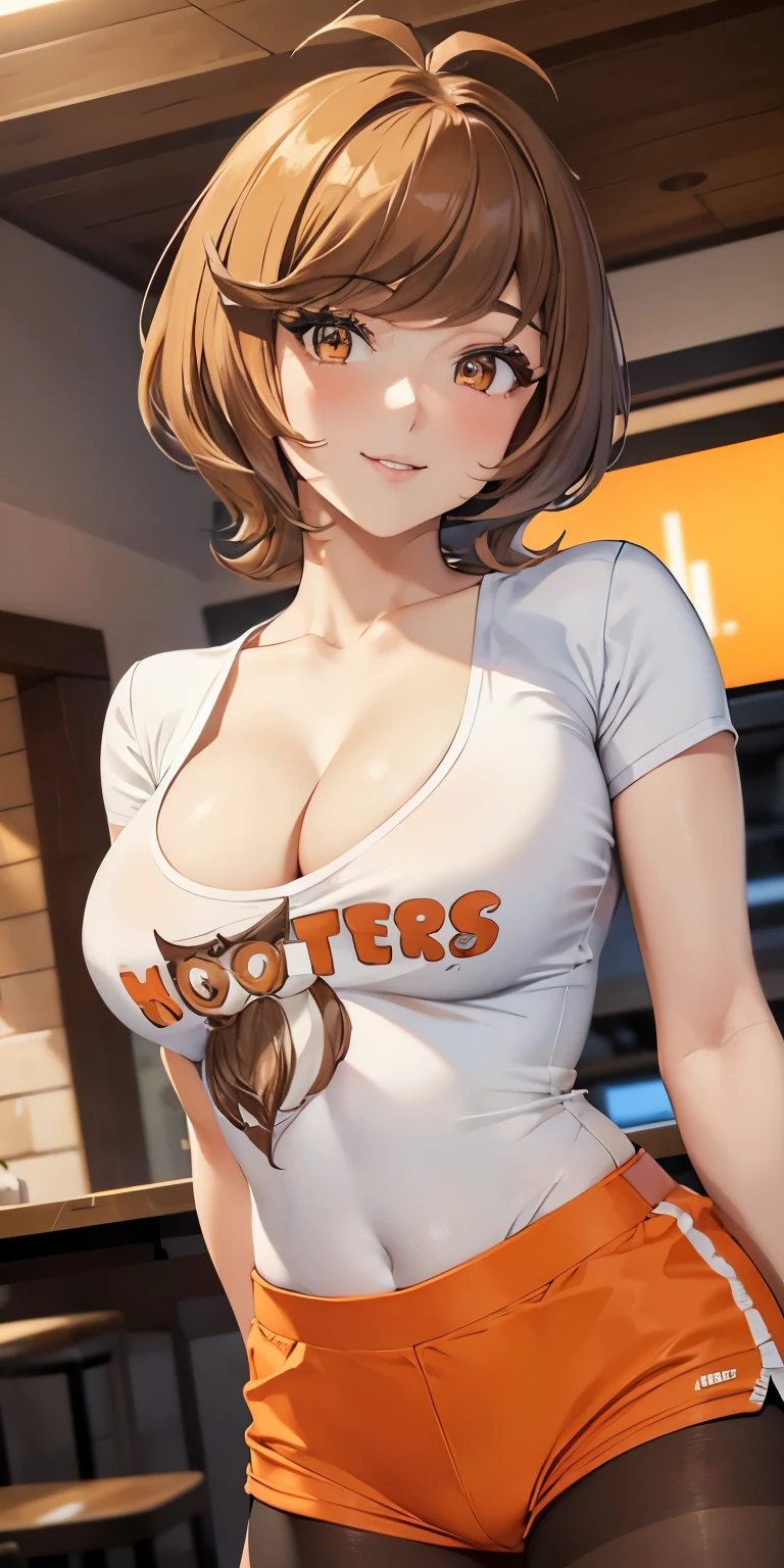 1 Female,High definition,high resolution,Ultra-realistic,8K,hmza, short hair, antenna hair, brown eyes, large breasts,white shirt, hooters, orange shorts, pantyhose,European,sexy,Upper body close-up,Photographed from the front,Dynamic Angles, beautiful face, smiling, highly detailed, HD