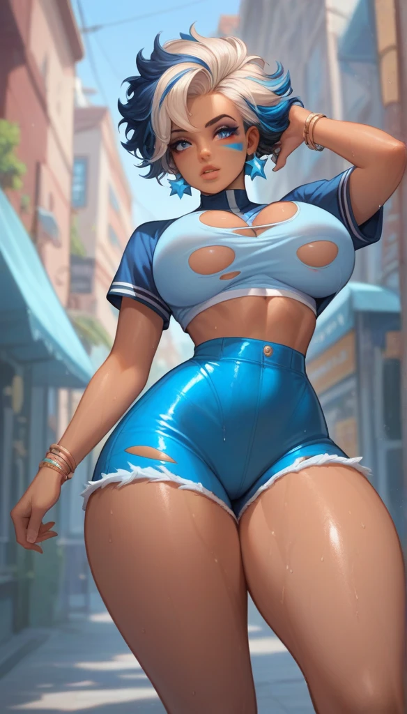 Latina americana,  huge and soft butt tight under the ripped shorts ,  huge and soft breasts super tight under the white and transparent and torn shirt, thin waist,  thick and soft thighs tight under the ripped shorts ,  lightly tanned , Indigo blue eyes,  almost white blond hair , Gala makeup ,  full and wet lips 