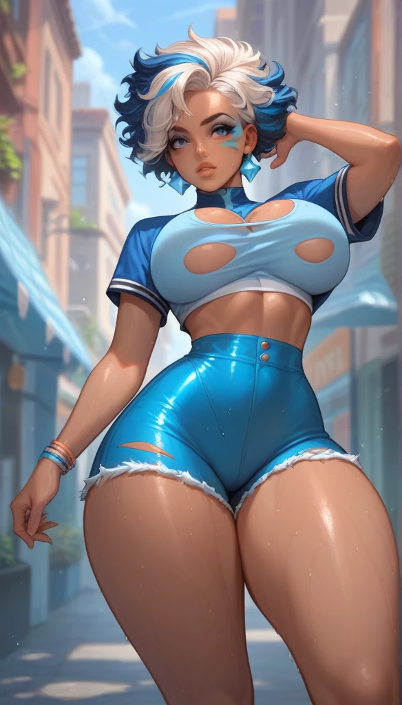 Latina americana,  huge and soft butt tight under the ripped shorts ,  huge and soft breasts super tight under the white and transparent and torn shirt, thin waist,  thick and soft thighs tight under the ripped shorts ,  lightly tanned , Indigo blue eyes,  almost white blond hair , Gala makeup ,  full and wet lips 