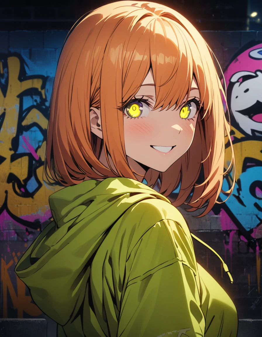 masterpiece, Best Quality, 8k, detailed background , masterpiece, Best Quality, smile,  t I ,  HOODIE, Portraiture, Neon Yellow, graffiti, dark, night, Shining Eyes,  Black Light,Nakano Yotsuba