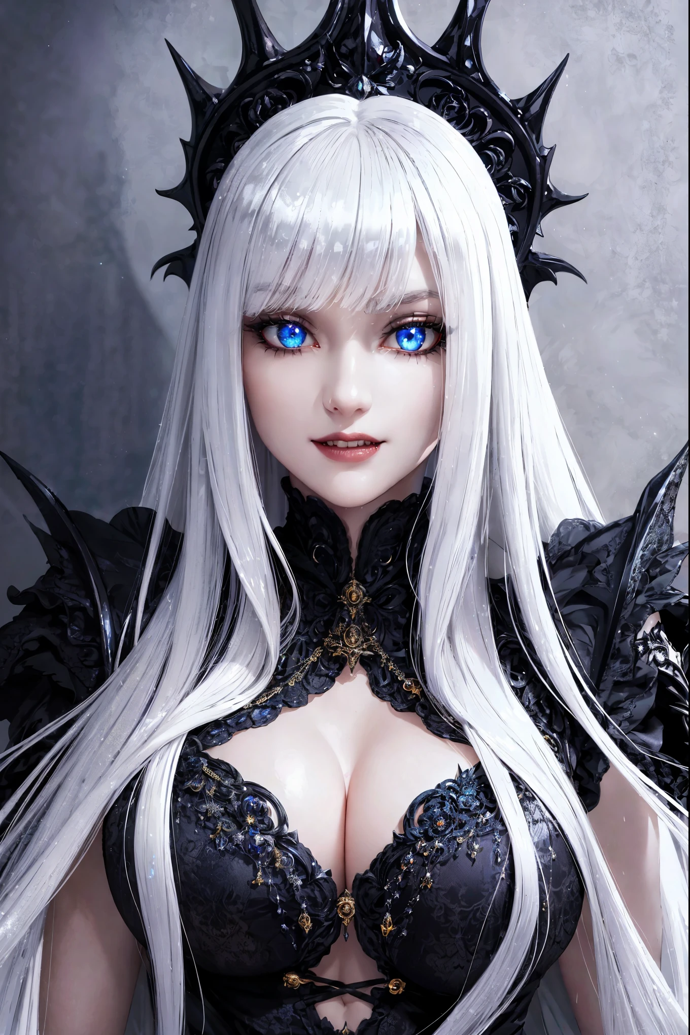  masterpiece, best quality, 1girl, solo, long hair, curly hair, white hair, blue eyes, makeup, (Absurdres:1.2), exquisitely detailed Vampire Queen, stunning ornate shimmer  dress, smile, fangs, gothic attire, dynamic angle, side lighting, shiny skin, detailed eyes, detailed face 