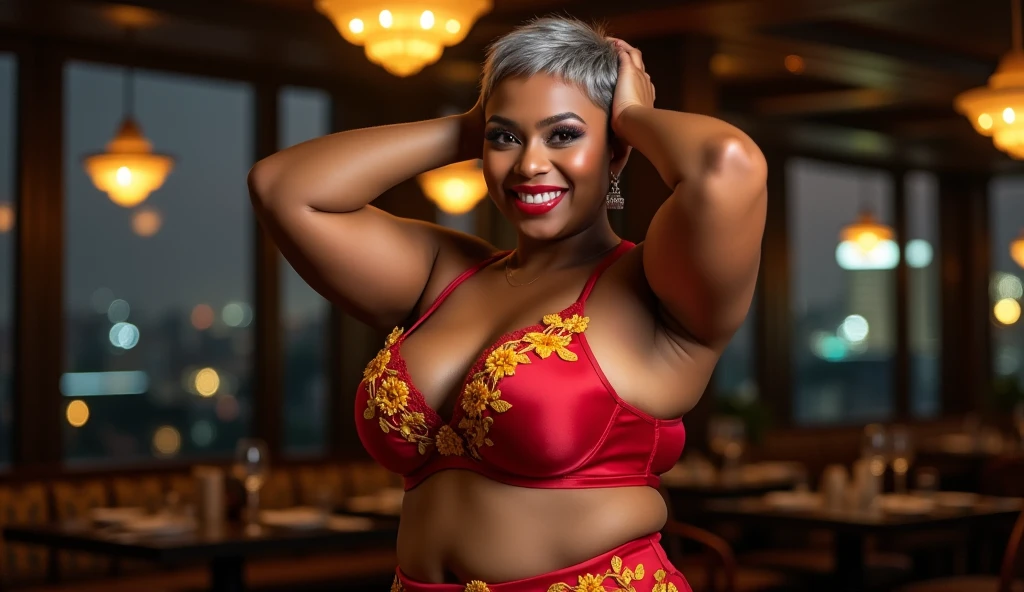 A photo of a 60-year-old Bangladeshi chubby mom with with a curvy figure and grey pixie hair. She is wearing a red satin  embroidered bralette and thong which has a yellow floral embroidery. The outfit is perfect for a night out. The teen is standing near a dimly lit, upscale restaurant with soft, romantic lighting. Her bronze skin reflects the light. She wears bold makeup with dark eyeliner and red lipstick. Her accessories include delicate silver earrings. The city skyline is visible in the background, indicating an urban setting. The woman has her hands raised and rested on her head.