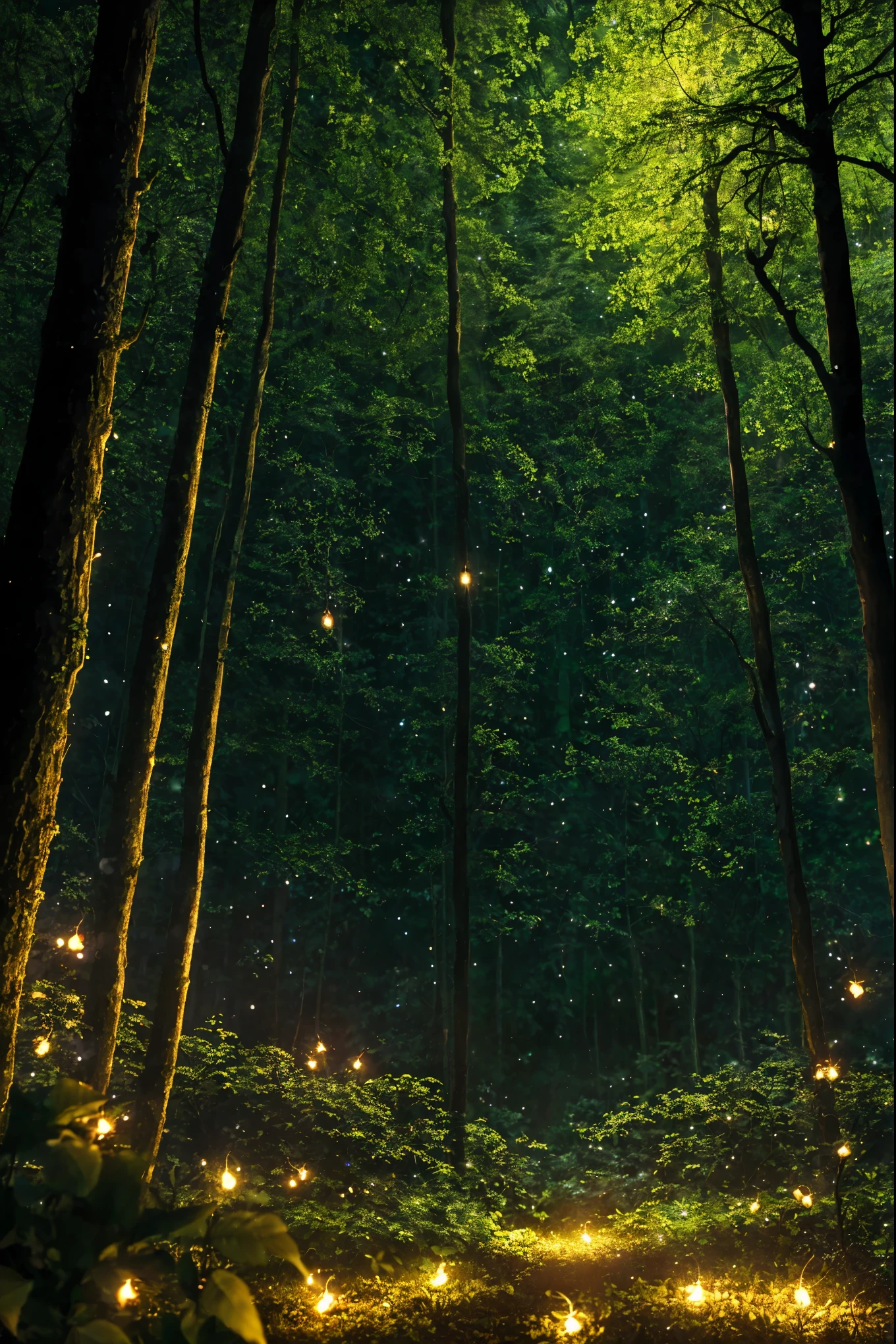 a dimly lit enchanting forest at night, mason jar glowing with ethereal fireflies, mesmerizing otherworldly atmosphere, highly detailed, 8k, dramatic lighting, fantasy, magical, mystical, bokeh, lush foliage, dramatic shadows, cinematic composition, warm color tones