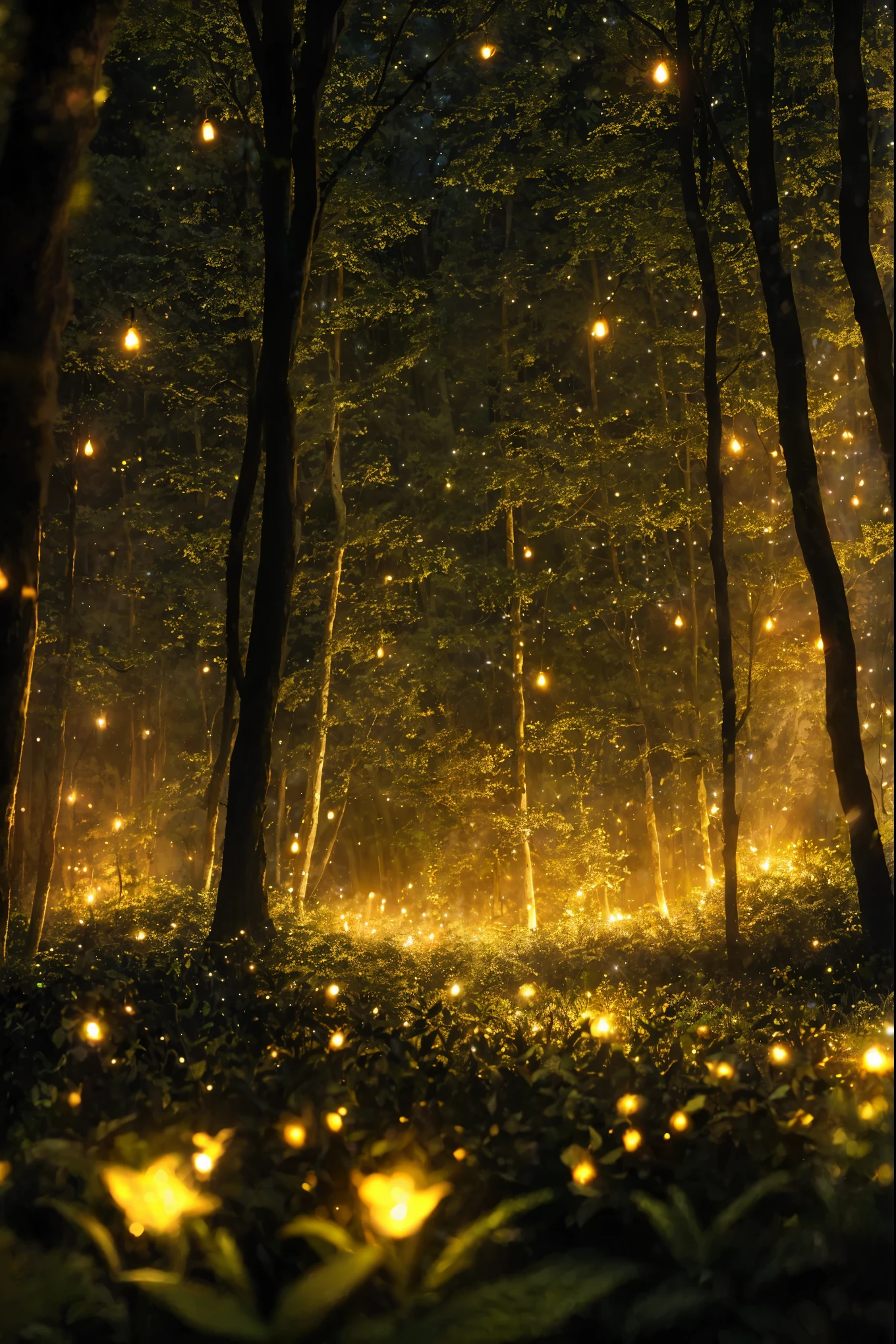 a dimly lit enchanting forest at night, mason jar glowing with ethereal fireflies, mesmerizing otherworldly atmosphere, highly detailed, 8k, dramatic lighting, fantasy, magical, mystical, bokeh, lush foliage, dramatic shadows, cinematic composition, warm color tones