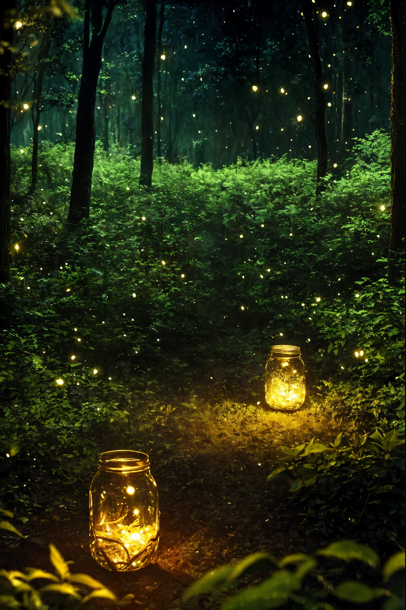 a dimly lit enchanting forest at night, mason jar glowing with ethereal fireflies, mesmerizing otherworldly atmosphere, highly detailed, 8k, dramatic lighting, fantasy, magical, mystical, bokeh, lush foliage, dramatic shadows, cinematic composition, warm color tones