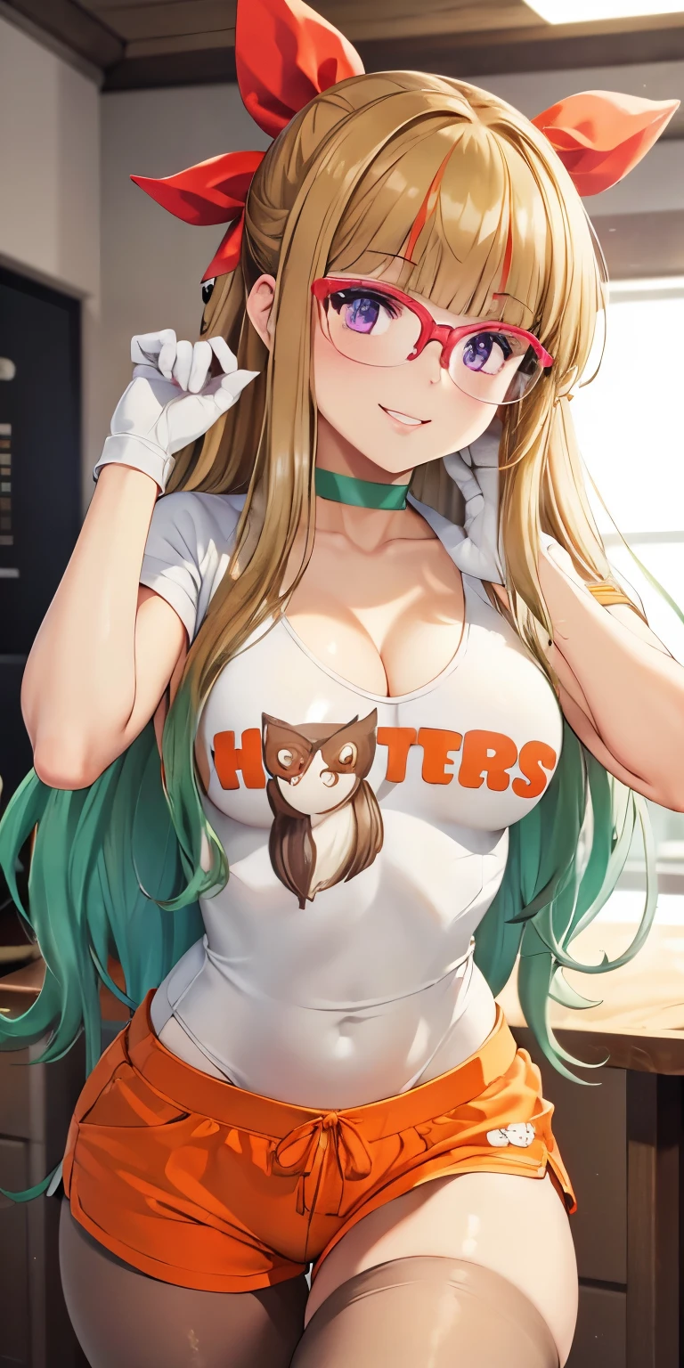 1 Female,High definition,high resolution,Ultra-realistic,8K,ohdoyuamu, 1girl, solo, long hair, green hair, blonde hair, brown hair, bow, ribbon, purple eyes, hair ribbon, hair bow, glasses, green choker, white gloves, blunt bangs, red-framed eyewear, white shirt, hooters, orange shorts, pantyhose,European,sexy,Upper body close-up,Photographed from the front,Dynamic Angles, beautiful face, smiling, highly detailed, HD