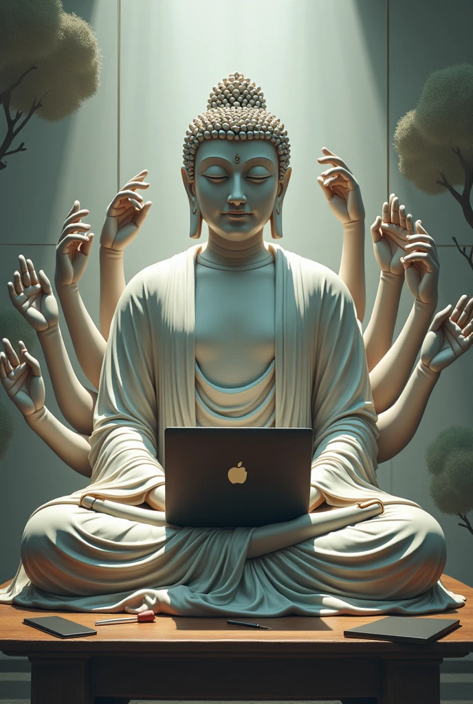 A golden Buddha is working Infront of a notebook