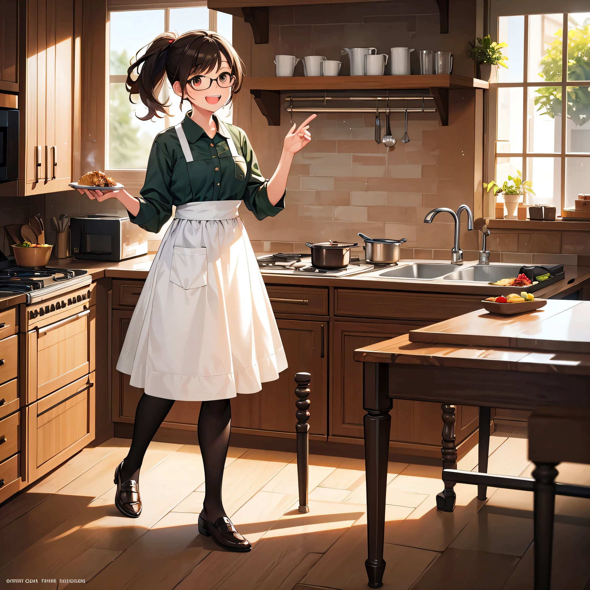 best picture quality, best quality, 1080p, 8K, masterpiece, top notch, (perfect) face, attention to detail,  ((one person)), (full body), front view ((full body)), one woman, standing, (moss green apron), red tie, khaki skirt, leather shoes, long dark brown hair (sparkling eyes), pretty eyes, glasses, indoor restaurant, indoors, holding plate of food with both hands up to chest level, big smile, open mouth smile, hired being hired, cover, cooking magazine, housekeeper girl, cooking in kitchen, smiling, cinematic lighting,