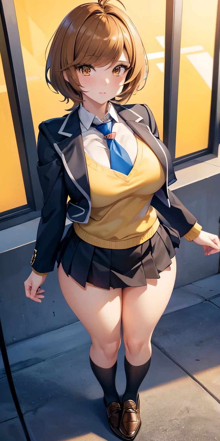 1 Female,High definition,high resolution,Ultra-realistic,8K, hmza, short hair, antenna hair, brown eyes, school uniform,( blue necktie), (yellow shirt),(black jacket), long sleeves, black skirt,tight skirt , miniskirt ,brown shoes,large breasts,European,sexy,Upper body close-up,Photographed from the front,Dynamic Angles,blush, big tits ,(top view),(full body) , perfect face,cute face,perfect face,cute face,ultra high definition, detailed face,8k