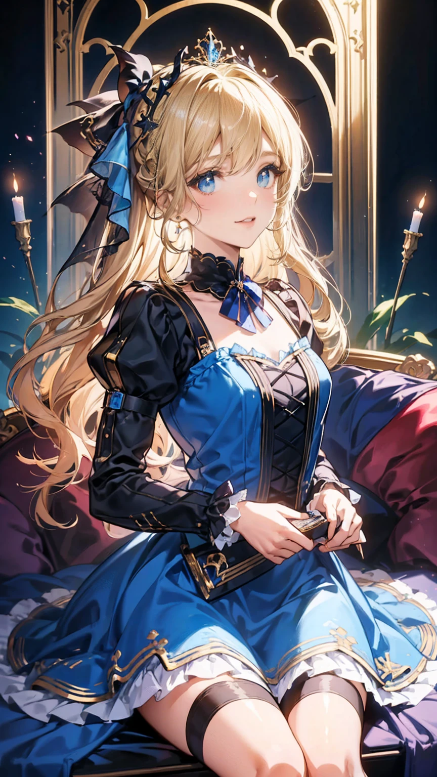  prompt : 8k resolution, Gentle features, , single, Unique students, smile, blonde, Princess cut,  ribbon hair ornament , brooch, Shiny candy blue dress, Gold embroidery,****ta Style,  gothic style , Head to the venue , Otaku Room, Female demon