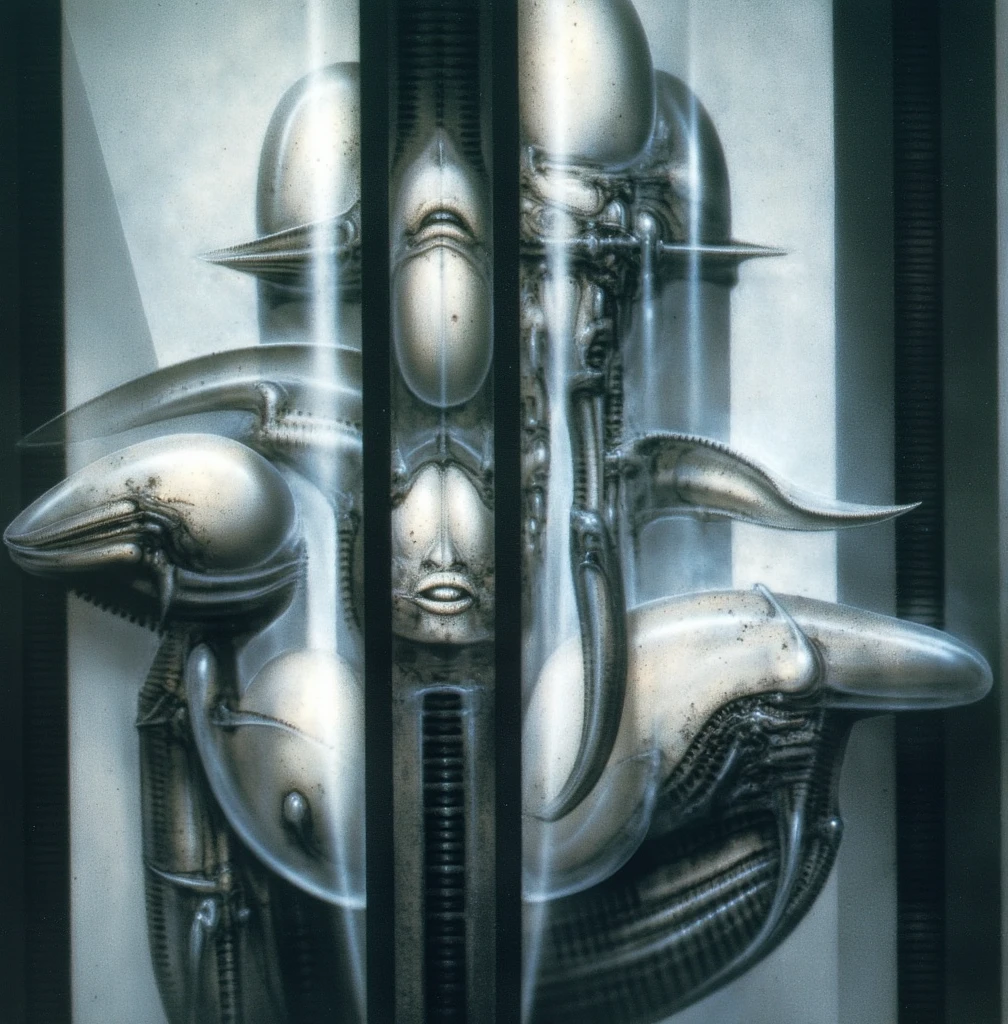 H. R. Giger's g1g3r, , Giger_style, The image is a detailed view of H.R. Giger's \" HRG Vault IV \" plate, featuring  is a classic piece of biomechanical art by H.R. Giger. , alien altarpiece (best quality:1.4), (Triadic:1.1), (Proportion:1.1),  , (Reflected light:1.2), , ultra detailed, intricate,, (best quality:1.4), H.R. GIGER,  BY GIGER