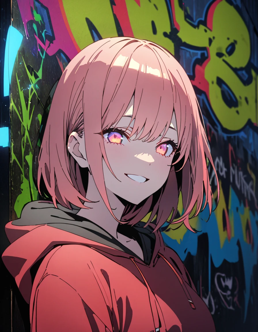 masterpiece, Best Quality, 8k, detailed background , masterpiece, Best Quality, smile,  t I ,  HOODIE, Portraiture, Neon Red, graffiti, dark, night, Shining Eyes,  Black Light,Nakano Ichika