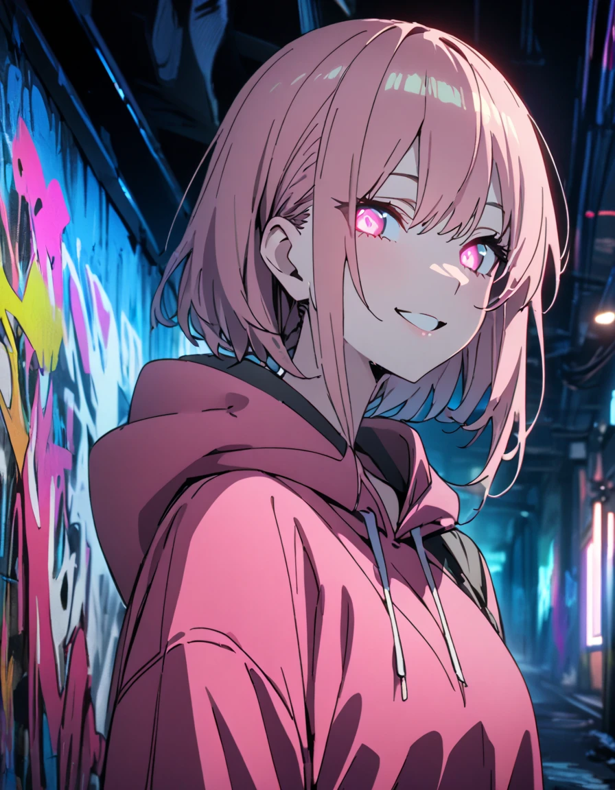 masterpiece, Best Quality, 8k, detailed background , masterpiece, Best Quality, smile,  t I ,  HOODIE, Portraiture, Neon Pink, graffiti, dark, night, Shining Eyes,  Black Light,Nakano Ichika