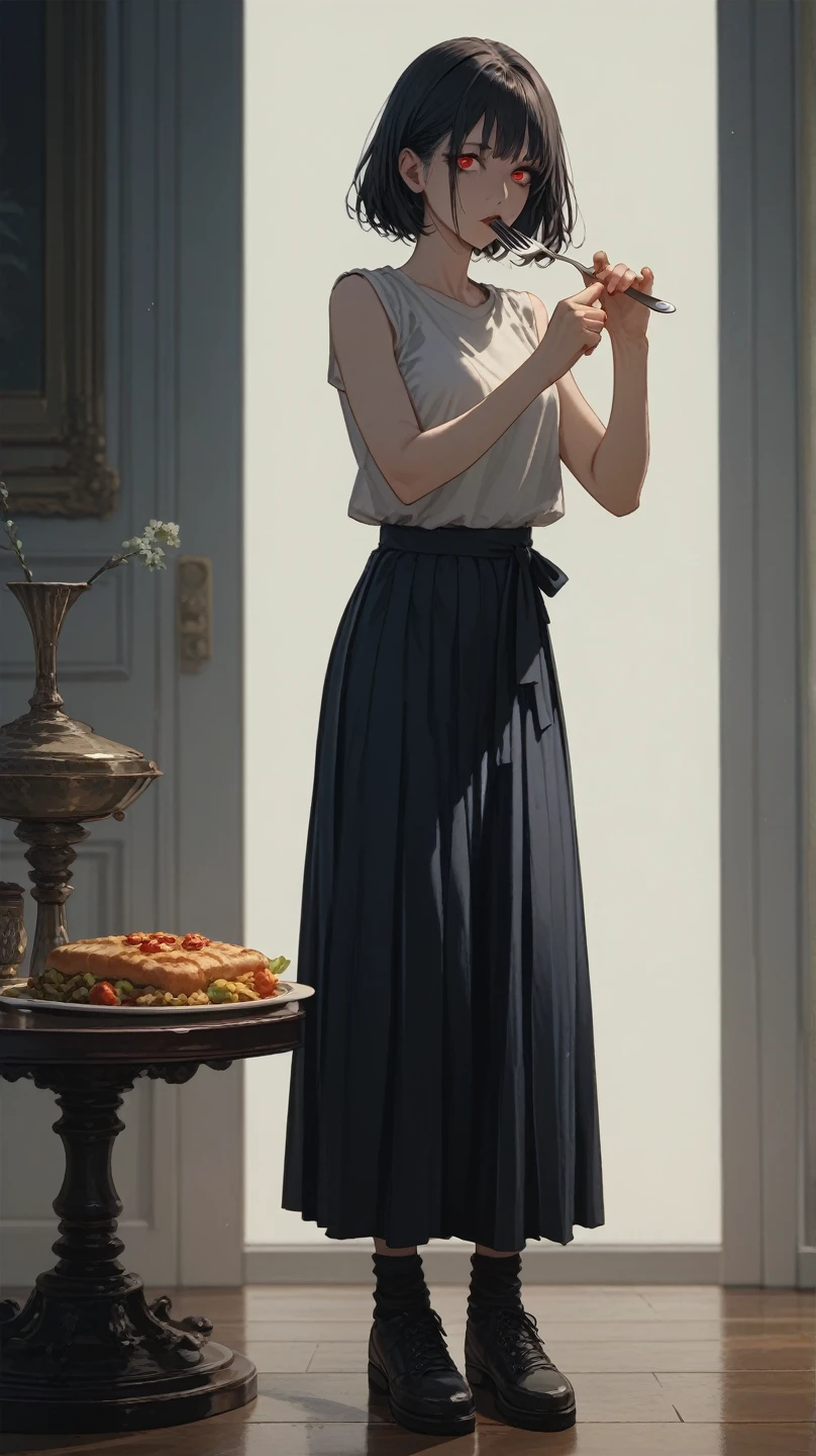 Long Shot,full body,A table dinner, a luxurious meal, a dangerous atmosphere, a red-eyed Yandere woman,woman with navy SHORT HAIR wearing sleeveless t-shirt and Long Skirt,solo, 1 female,Highest quality,masterpiece,(hold fork and eating pose:1), (perfect hands,perfect anatomy),white back ground, the gaze looking at the front camera,(front shot:1)