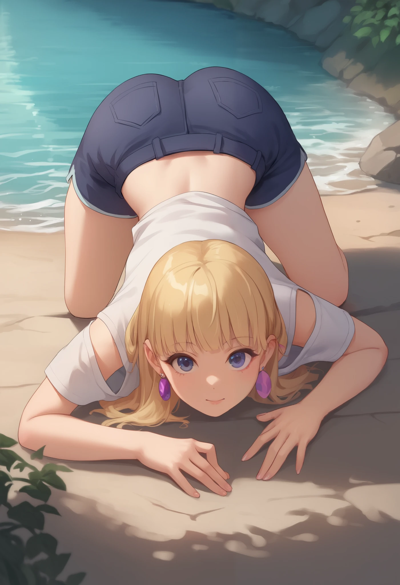 account_9, account_8_ex, account_7_ex, account_6_ex, account_5_ex, account_4_ex,pacifica, 1girl, solo, long blonde hair with bangs, hand on hip, dark blue eyes, purple shadows,round lavender earrings,looking at the viewer, small saggy breasts. huge hips. shirt. shorts. river. face dawn ass up