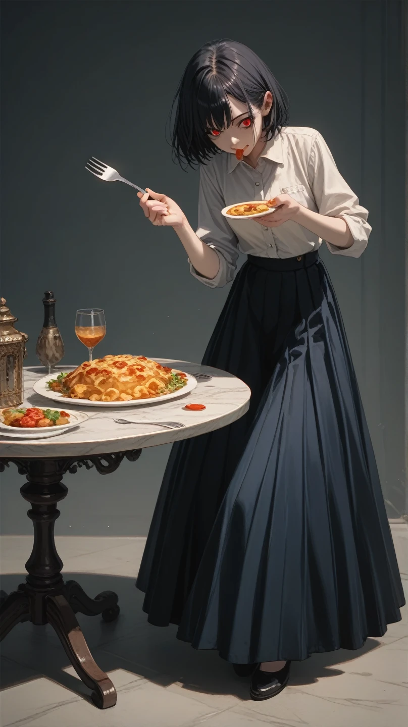 Long Shot,full body,A table dinner, a luxurious meal, a dangerous atmosphere, a red-eyed Yandere woman,woman with navy SHORT HAIR wearing shirt and Long Skirt,solo, 1 female,Highest quality,masterpiece,(hold fork and eating pose:1), (perfect hands,perfect anatomy),white back ground, the gaze looking at the front camera,(front shot:1)