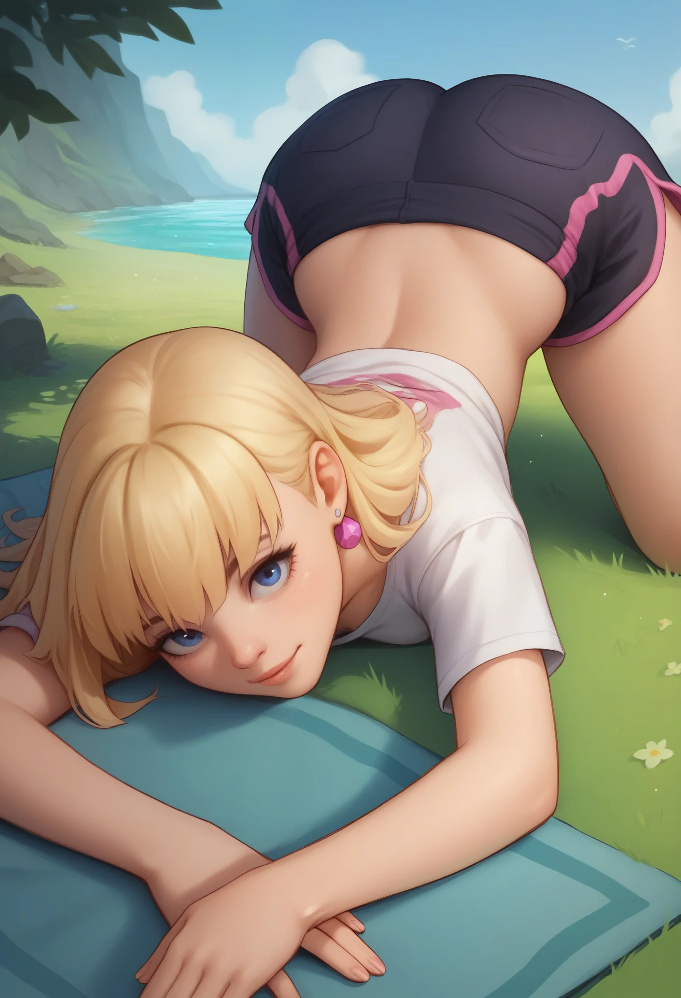 account_9, account_8_ex, account_7_ex, account_6_ex, account_5_ex, account_4_ex,pacifica, 1girl, solo, long blonde hair with bangs, hand on hip, dark blue eyes, purple shadows,round lavender earrings,looking at the viewer, small saggy breasts. huge hips. shirt. shorts. river. face dawn ass up