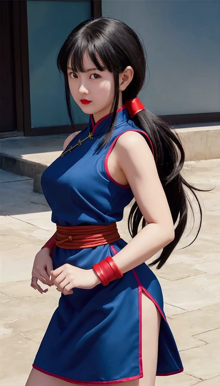 Chin Li Realistic A close up of a woman in a blue dress with a red belt, cosplay - SeaArt AI