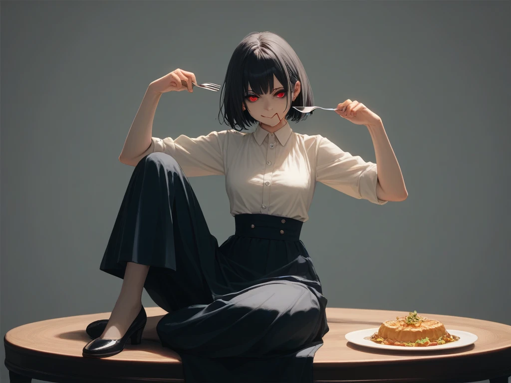 Long Shot,full body,A table dinner, a luxurious meal, a dangerous atmosphere, a red-eyed Yandere woman,woman with navy SHORT HAIR wearing shirt and Long Skirt,solo, 1 female,Highest quality,masterpiece,(sitting pose:1.2),(hold fork and eating pose:1), (perfect hands,perfect anatomy),white back ground, the gaze looking at the front camera,(front shot:1)