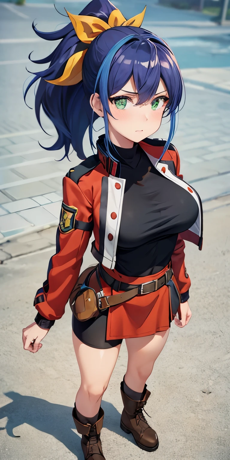1 Female,High definition,high resolution,Ultra-realistic,8K, aaserena, ponytail,(multicolored hair),green eyes,black shirt,jacket,belt,red skirt,(shorts under skirt), tight skirt, miniskirt,medium breasts, brown boots,European,sexy,Upper body close-up,Photographed from the front,Dynamic Angles,blush, medium tits ,(top view),(full body), perfect face,cute face,perfect face,cute face,ultra high definition, detailed face,8k, multicolored hair