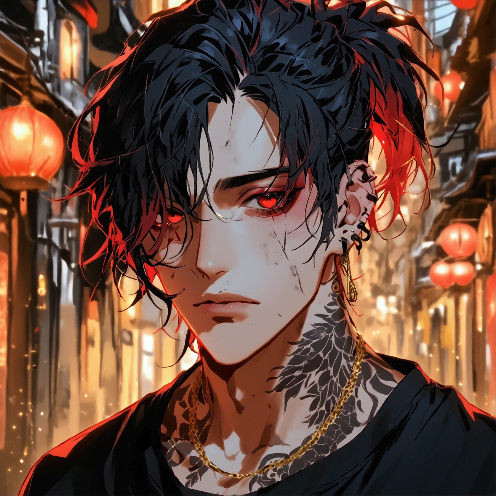 (Alone), (1 male), (Black hair with red inner hair color),  (ponytail),(Man Bun),(Red eyes), (Black Shirt),(a dirty look),( Stylish),(Ear Piercing),(tattoo on neck), (gold necklace),(Oversized shirt),(Face up)