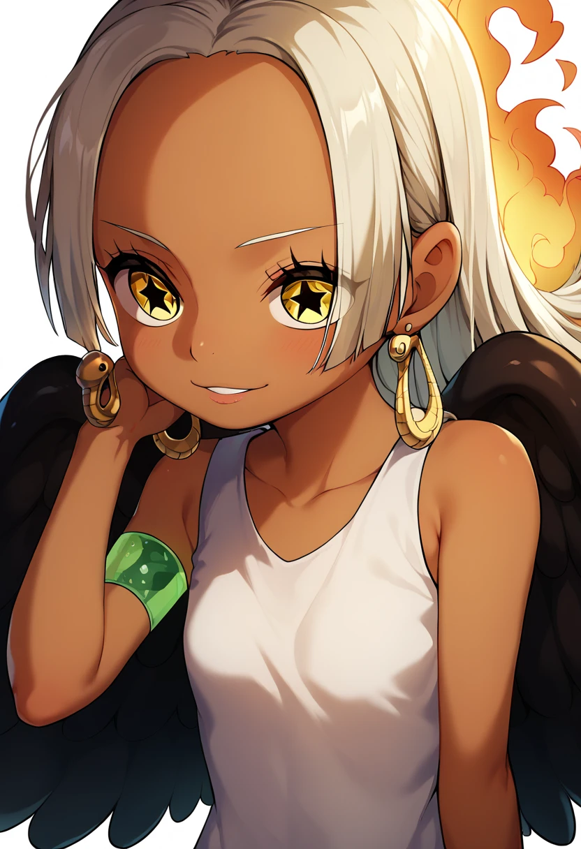 UHD, retina, textured skin, high details, high quality, best quality,  highres icon, 1080P, HD, 16k、1 Girl,Earthsnake , Long Hair, white hair, Brown Skin、,  earrings for a woman alone, Yellow Eyes, symbol-shaped pupils,  black wings  ,  small breasts.  sundress,  white dress,  sleeveless, armlet、 cute、Flames on the back、flat chest、cunnilingus, 1 boy