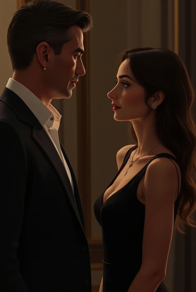 A woman with long brown hair, eyes browns, fine strokes, not wanting to talk to a man with straight black hair, expressive dark eyes, aristocratic origin, who runs after the woman who doesn't want to talk to him She has her back to him Chic environment, PICTURE REALISTIC