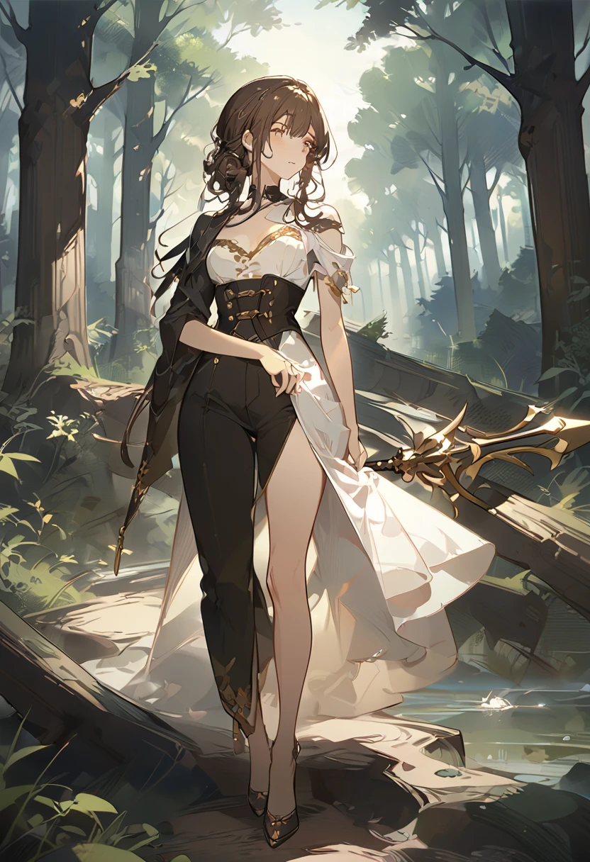 masterpiece, 1 female, dark brown hair, long hair, brown eyes, look away, white dress, dress to the knee, dress by the shoulder, leather corset, single slit dress, gold embroidery bottom part of the dress, black long pants, pants under dress, carrying spear, forest background, 8k ,4k , best quality, high quality, masterpiece, embroidery  clothes, full body, all kind of hairstyle, inspired by Asukaziye artist : ask, art style : ask