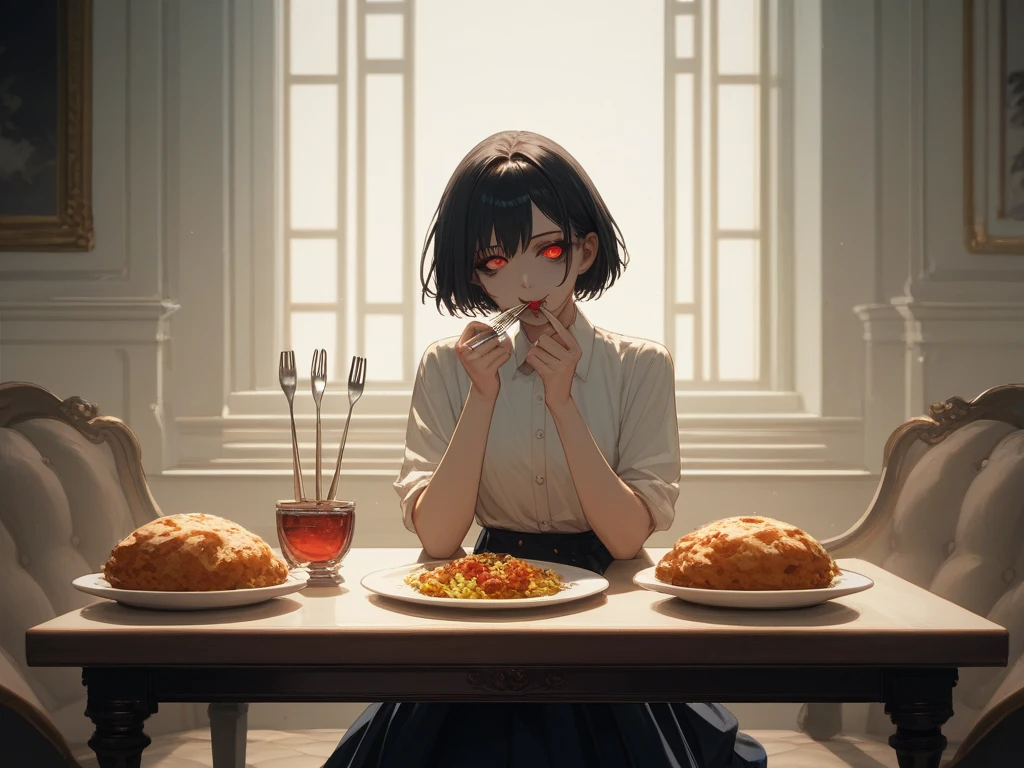 Long Shot,full body,A sitting table dinner, a luxurious meal, a dangerous atmosphere, a red-eyed Yandere woman,woman with navy SHORT HAIR wearing shirt and Long Skirt,solo, 1 female,Highest quality,masterpiece,(hold fork and eating:1), (perfect hands,perfect anatomy),white back ground, the gaze looking at the front camera,(front shot:1)