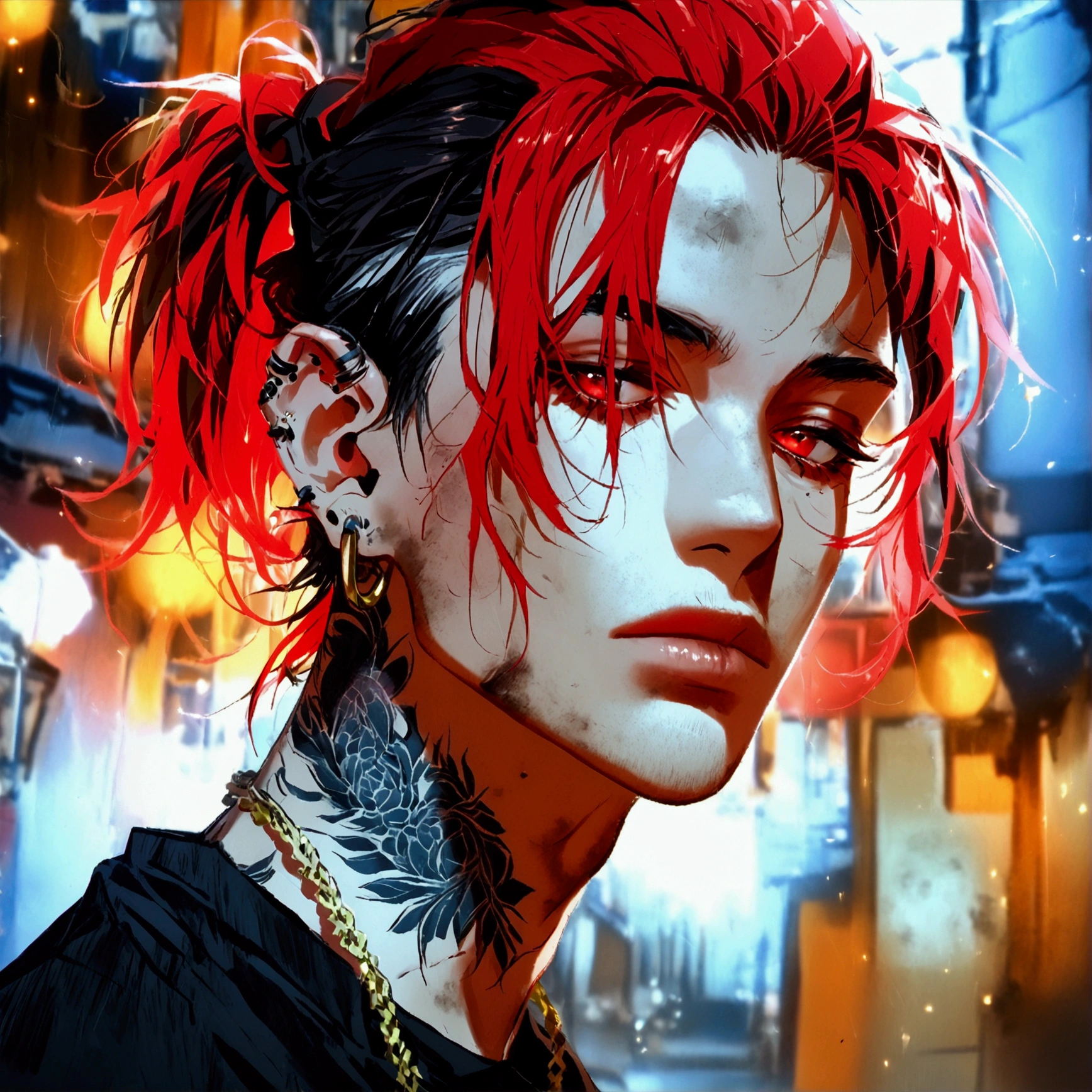 (Alone), (1 male), (Black hair with red inner hair color),  (ponytail),(Man Bun),(Red eyes), (Black Shirt),(a dirty look),( Stylish),(Ear Piercing),(tattoo on neck), (gold necklace),(Oversized shirt),(Face up)