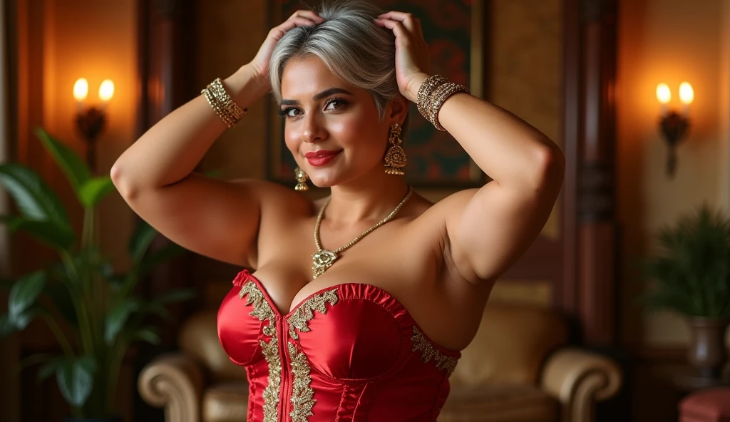 A photo of a radiant chubby mature Indian model with a full, revealing bust and short grey hair. She wears a red satin  laced-up corset with gold detailing. She stands in a warmly lit room with traditional Indian decor, with her hands resting gracefully on her hips. The corset's rich color and texture add a regal touch. Her makeup includes warm tones with a golden shimmer, enhancing her natural glow. Her oiled glowing skin, hands raised and rested on her head, add to the regal ambiance.