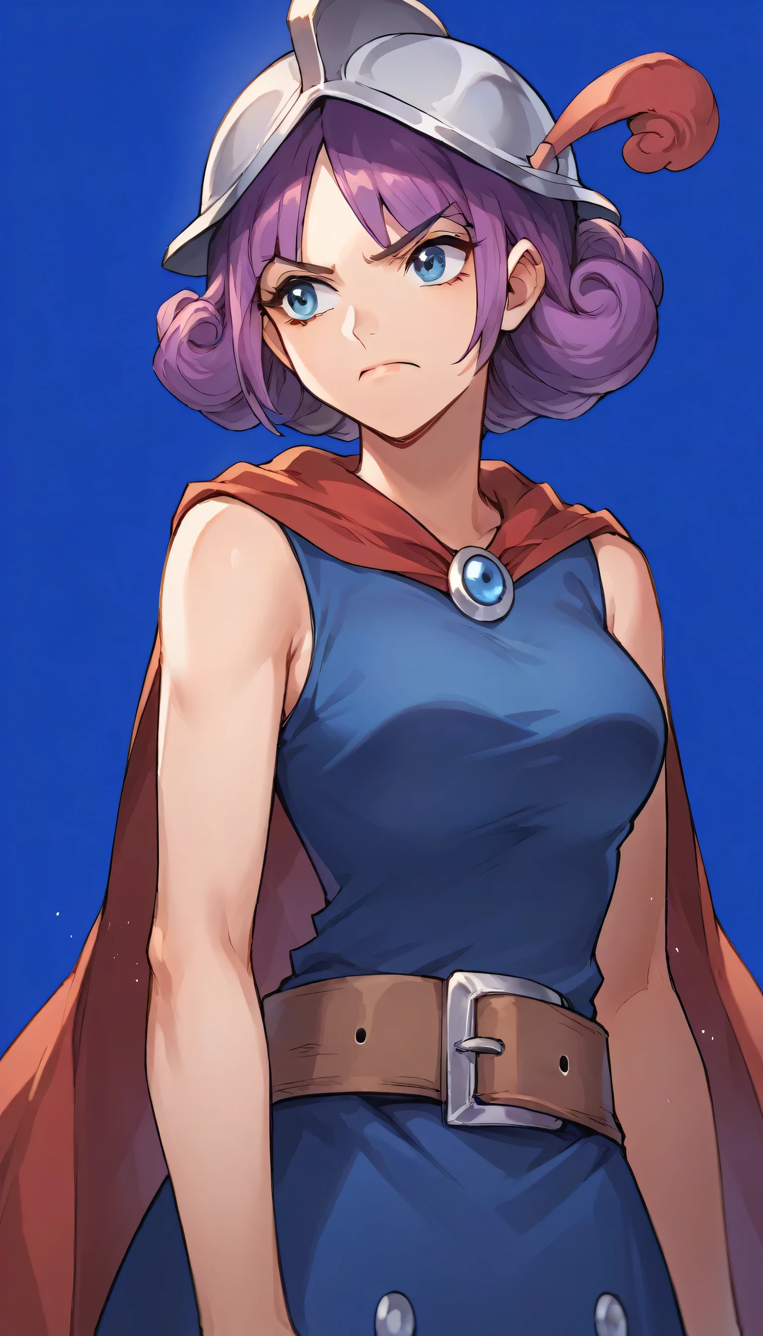 score_9, score_8_up, score_7_up, source_anime, 1girl, RythMusketeerCRPony, Musketeer \(Clash Royale\), 1girl,  cape, dress, belt, upper body, helmet, serious, frown, blue background, sleeveless,