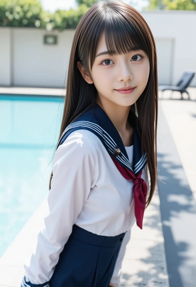 8K Ultra HD、Digital single-lens reflex camera、High resolution、Shallow depth of field、Natural light、(((Sailor suit)))、(((Dark blue super mini skirt)))、(((Full Body Shot)))、Small person、(((Young Face)))、1 Japanese girl、; beautiful girl、(Black Hair)、(((Brown eyes)))、Glowing Skin、Smooth and fine hair、Long Hair、Detailed Background、Highly detailed eyes and face、Clear Eyes、Cute Smile、Calm atmosphere、(((Climbing the stairs)))、(((I have a bag)))、(((fine small breasts)))、(((Beautiful Eyes)))、Flat chest、The kids `S、(((Toned thighs)))、(((Pink Panties)))、(((Angle from below) ))、(((Detailed lips)))、(((The skirt is fluttering)))、Beautiful and radiant legs、((Browsing Caution))