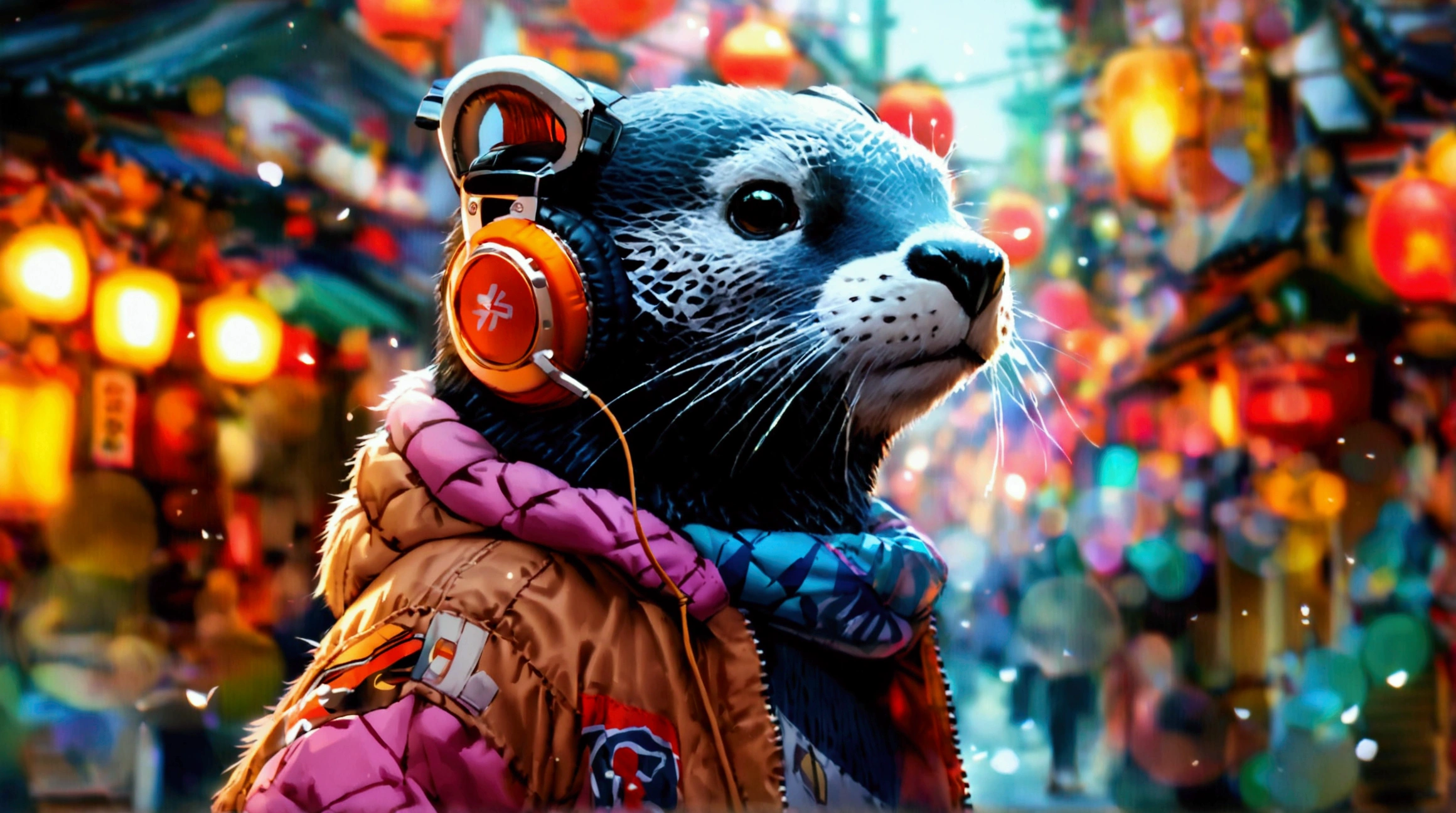 The otter is wearing a hip-hop outfit with headphones on, strolling through the streets of Tokyo, Japan