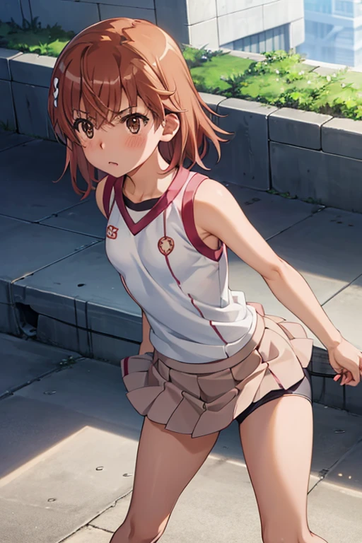 NSFW (Highest quality:1.5, High resolution, uhd, 4K, Detailed lighting, Shaders), ((Misaka Mikoto)) ,solo short hair Brown Hair Brown eyes Cool face Volleyball Uniforms Realistic gym Sweat Super oily skin Preparing for exercise No ball No sleeve Cowboy Shot: Realistic locker room blush depressed Face distorted by pleasure Resisting Pleasure Blushing cheeks wet Nipples licked Overflowing body fluids Spurting body fluids ((Lean back)) (((Ecstasy)))++ Completely naked topless