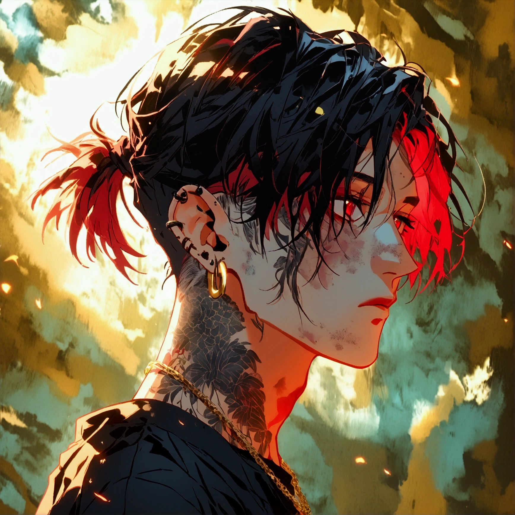 (Alone), (1 male), (Black hair with red inner hair color),  (ponytail),(Man Bun),(Red eyes), (Black Shirt),(a dirty look),( Stylish),(Ear Piercing),(tattoo on neck), (gold necklace),(Oversized shirt),(Face up)