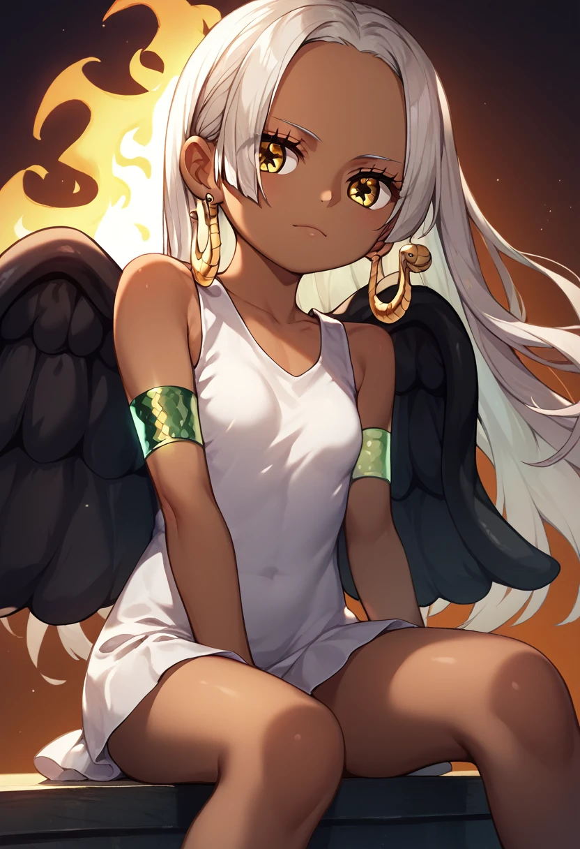 UHD, retina, textured skin, high details, high quality, best quality,  highres icon, 1080P, HD, 16k、1 Girl,Earthsnake , Long Hair, white hair, Brown Skin、,  earrings for a woman alone, Yellow Eyes, symbol-shaped pupils,  black wings  ,  small breasts.  sundress,  white dress,  sleeveless, armlet、 cute、Flames on the back、flat chest、face sitting, 1 boy、queening