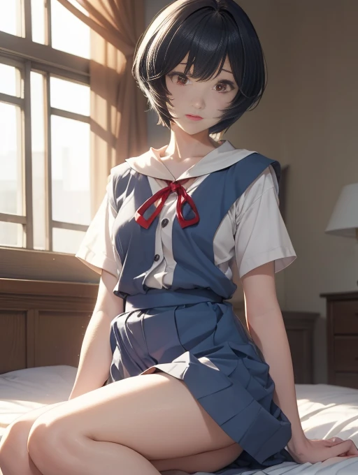 (Tabletop, Highest quality, Very detailed, 8k, wallpaper, Realistic), ((Perfect hands)), ((Perfect Anatomy)), in the abandoned building、Medium cleavage,  ((Charming anime character)), ((Rei Ayanami)), ,Beautiful detailed face、A kind smile、Look at the viewers、 ((Bright red eyes)), ((Junior High School Uniform:1.5))、(Plain white panties:1.0), ((Medium Shot, From below)), Kamimei