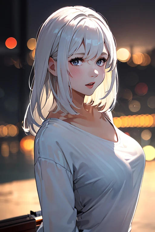best quality, photorealistic, 8k, high res, 1girl, woman,(skindentation), (large breast), (professional lighting, bokeh), (street), (people, crowds:0.6), market, (night:1.2),(white hair:2.0), (blouse:1.5), (portait:0.6), gorgeous, bloom, (floating hair),(light particles, lens flare, glowing particles:0.6), (dynamic pose:1.2), soft lighting,