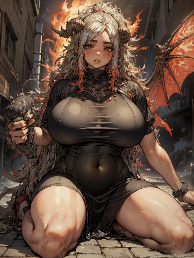  Red Dragon Woman 、 Very Big Breasts and Plump Body 、4K、Upshot、 realistic、 I'm looking at this、black sheer dress with slits、sit、 open legs、The face that preys on us、Burning Streetscape 、 Hi-Res, Best Quality,  High Definition Model ,  textured skin, Scales and Big Nails 、Breathing Fire、 big wings