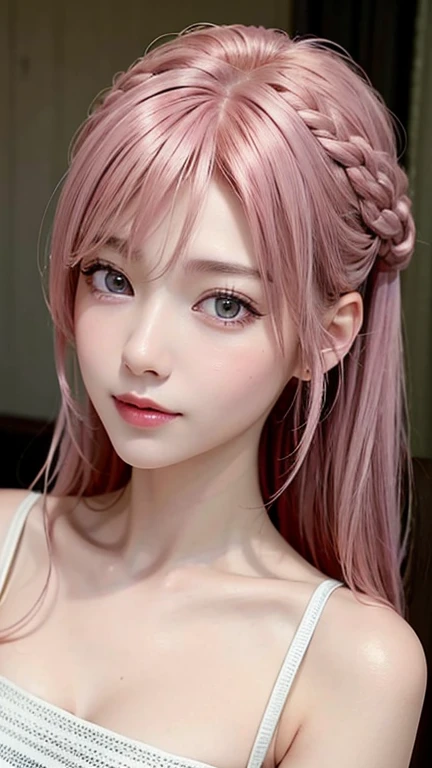 Beautiful woman in bath towel,Greasy and shiny pink lipid hair,(Upper Body)Features